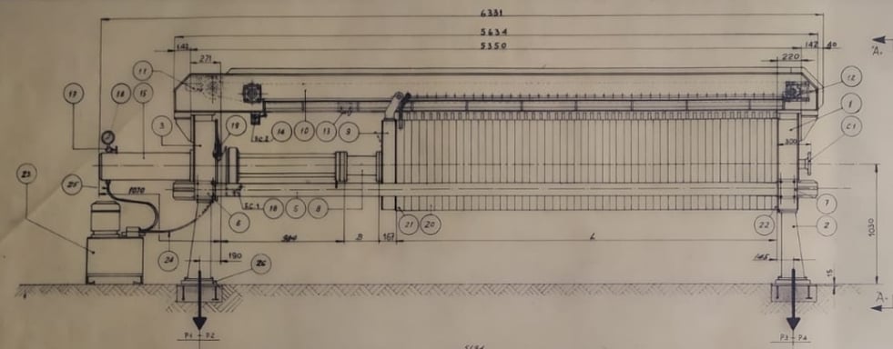 Konstruktionszeichnung einer originalen Brückenholm-Filterpresse