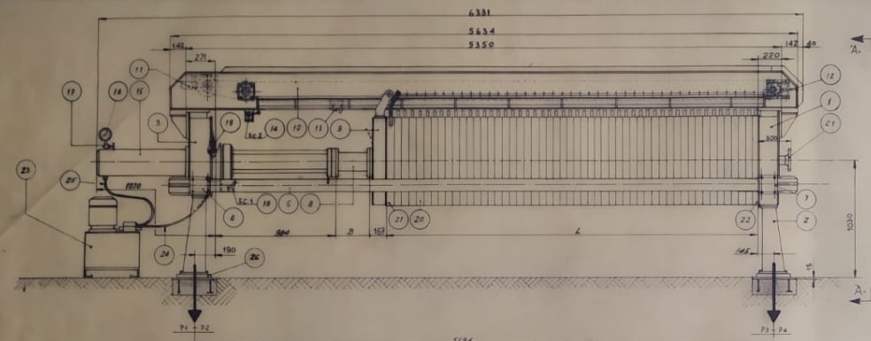 Dibujo del diseño de un filtro de prensa de viga superior original