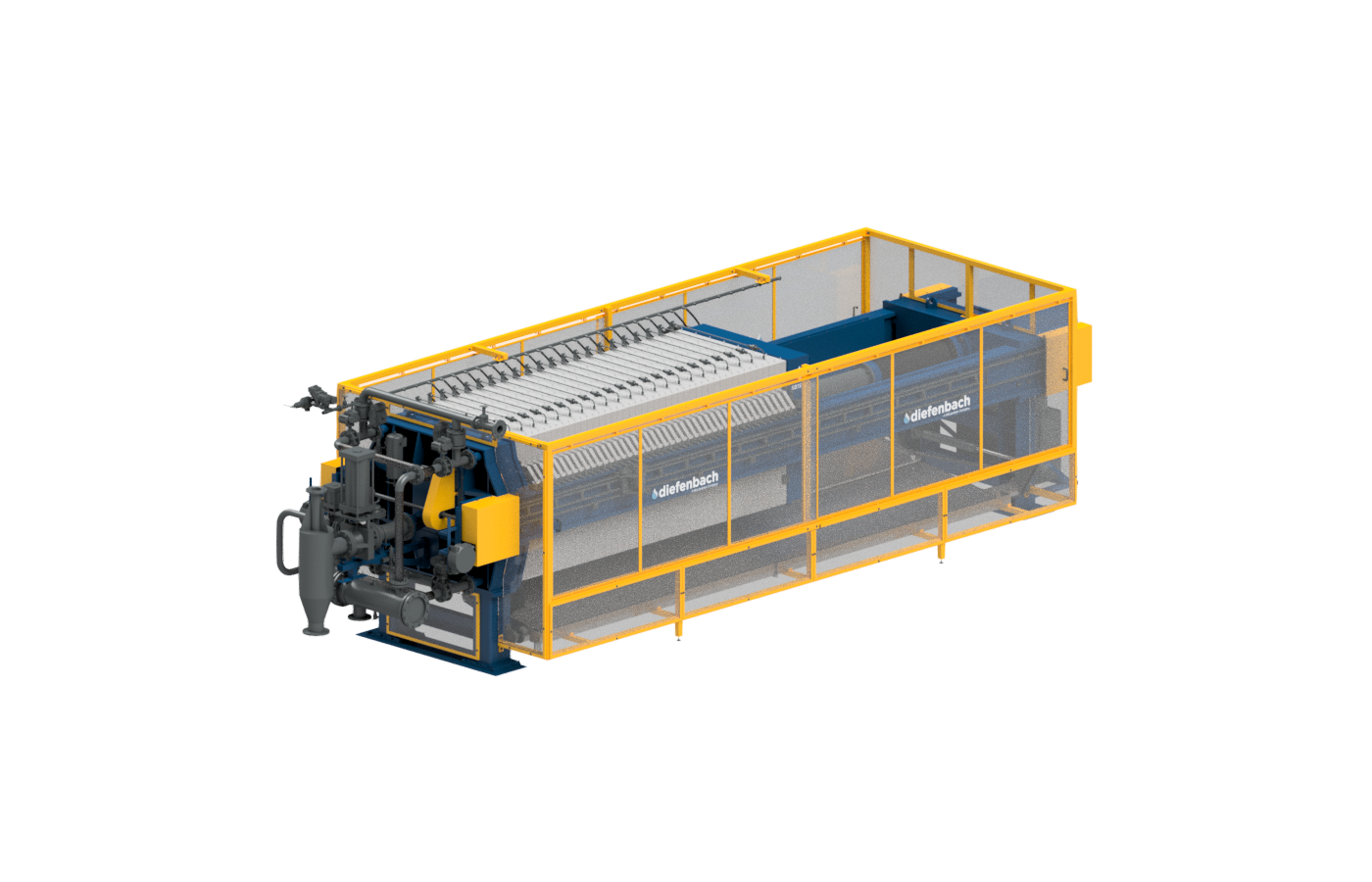 Filtro de prensa de viga lateral serie SB de Diefenbach con protectores azules y amarillos